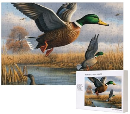 300 Teile Puzzle mit Aufbewahrungsbox, Jagd fliegende wilde Enten am See, gedrucktes Holzpuzzle 40 x 28 cm, für Erwachsene, Kinder, Familie, Spaß, dekoratives Spiel