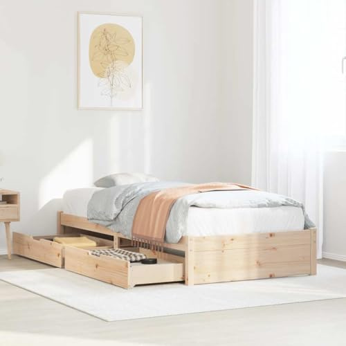 Ordellia Massivholzbett 90x200 cm Kiefernholz, unbehandelt, mit Lattenrost und 2 Rollschubladen, Robustes Bettgestell für Schlafzimmer, Erwachsene und Kinder