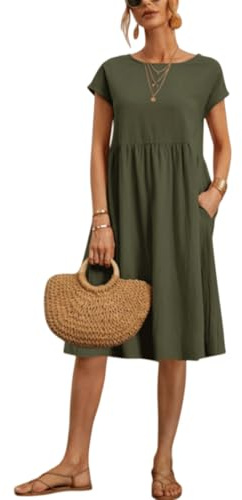 Vestito Donna Estivo Abito Lungo Girocollo Scollo Vestiti con Manica Lunghi Rotondo a Maniche Corte Casual Abiti Cotone Tinta Unita Lunghezza Oltre Il Ginocchio Casual da Donna Vestito Mare