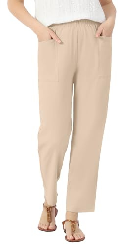 keriffe Linen Casual Summer Pants for Women with 2 Pockets Khaki | Cotton Linen Blend,Lightweight,High Waist Elastic,Beach Vacation Outfits