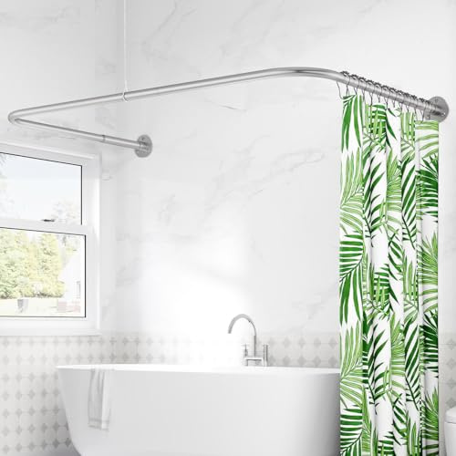 U Shaped/L Shaped Shower Curtain Rail, (60-91) X (78-196) X (60-91) cm Adjustable Curved Shower Curtain Pole With 12 Rings & Ceiling Support For Bathroom & Bathtubs, Need Drilling - Silver