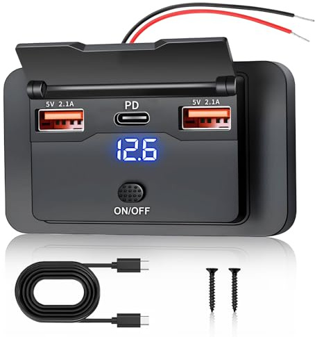 SRunDe 51W Presa USB 12v Camper 3 Porte PD USB C 36W & Doppio USB 10.5W | Caricatore per Auto usb c con Interruttori Voltometro Presa usb-c da auto Incasso 12v Camion Barche Caravan Marine Golf Cart