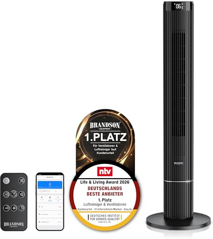 Brandson - Wlan Turmventilator ECO Design - APP Steuerung Smart Life - Sieger Ventilatoren und Luftkühler 2026 - DC Motor energiesparend und sehr leise – Oszillation - Standventilator Fernbedienung