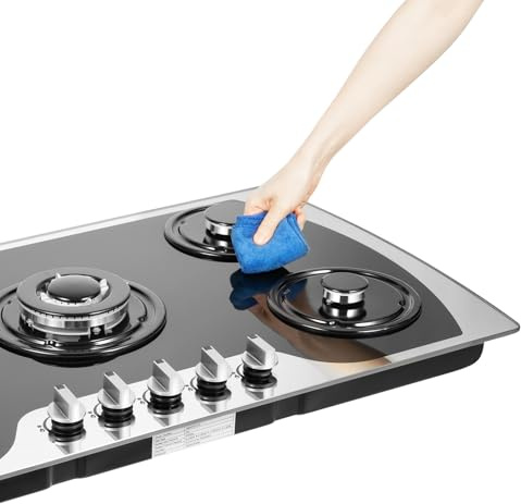 Yikmid Piano cottura a gas a 5 fuochi, fornello a gas da incasso, 90 x 51 cm, per propano e gas naturale, piano cottura nero in vetroceramica con 5 fuochi, adatto per casa, ristorante, camper