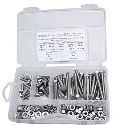 Sortiment Edelstahl V2A Schrauben DIN 933, Muttern sechskant DIN 934 und Scheiben DIN 125, Sechskantschrauben mit Gewinde bis Kopf M6 alles in A2, VA bzw. Nirosta, 200 Teile