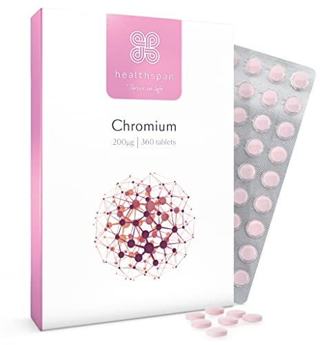 Healthspan Chromium | Helps to Maintain Blood Glucose Levels | 360 Tablets | 200µg Chromium Picolinate | Supports macronutrient Metabolism | Easy to Absorb | Vegan Friendly