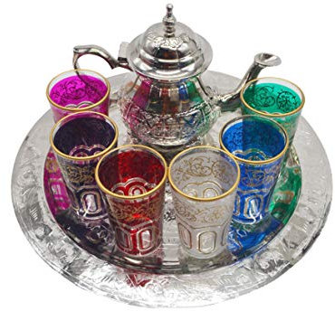 Juego de té marroquí completo 6 vasos de colores más tetera 400 ml para dos personas con bandeja 30 cm