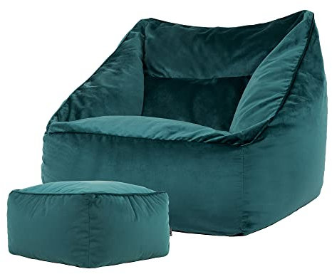 Icon Natalia Sitzsack Sessel mit Hocker für Erwachsene, Blaugrün, Flauschiger Samtstoff, Riesen Sitzsack Samt mit Füllung, Bean Bag Chair, Bequemer Sessel Wohnzimmer, Lounge, Schlafzimmer, Büro