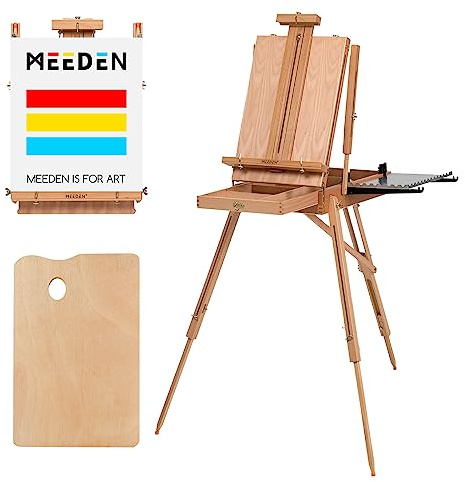 Meeden Staffelei Holz Groß, Französische Kofferstaffelei Kizzenkasten Staffelei, Kunststaffelei mit Schublade für Profis, Künstler und Malerei Unterwegs, Hält Leinwand bis zu 86,4cm