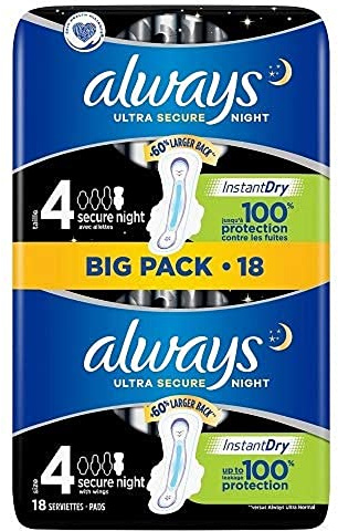 Always Ultra Secure Night Damenbinden Flügel, 18 Stück, super saugfähig, dünn, neutralisiert Gerüche, extra Deckkraft, Größe 4