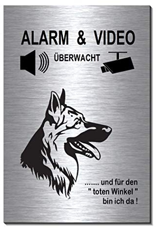 Schäferhund-Alarm-Video-Überwachung-Hund-15 x 10 cm-Schild-Hundeschild-Aluminium Edelstahloptik-Hunde-Tierschild-Warnschild-Hinweisschild (1905-88 -15 x 10 cm mit Klebepads)