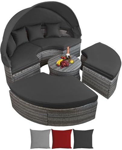 Montafox Poly Rattan Sonneninsel Ø 180 cm Groß Lounge Muschel Grau Sonnendach Faltbar Klappbar 10cm Dicke Auflagen Zierkissen Garteninsel Terrasse Garten, Farbe:Nachtschwärmergrau