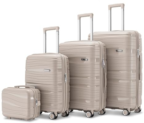 Skycases Travel One – Hartschalenkoffer aus Polypropylen – 4 Rollen & Zahlenschloss – Koffer, Trolley & Kofferset (Beige, Set 4-teilig)