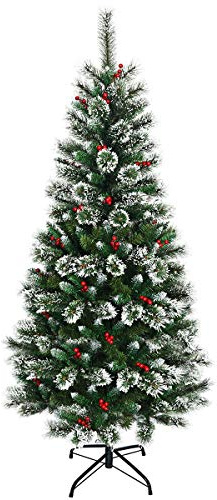 COSTWAY Árbol de Navidad Verde 180cm, Arbol de Navidad con Adornos de Frutos Rojos de 230 y Nieve, Agujas de PVC 365 Ramas, Arvore de Natal Pino Soporte de Metal Hogar Oficina Fiesta(Altura 180cm)
