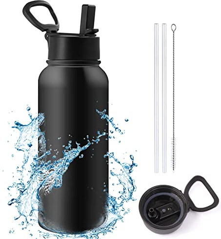 GoHZQ Edelstahl Trinkflasche mit Strohhalm 700ml/ 940ml Isolierte Wasserflasche Auslaufsichere Fahrrad Trinkflasche BPA-frei Sport Trinkflaschen für Outdoor Camping Wandern Fitness (940ml, Schwarz)