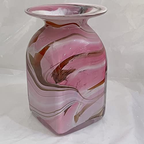 Eckige Vase Glas Blumen Vase modern Tischvase Rosa Beige Weiß mundgeblasen Höhe ca. 20 cm
