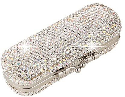 AsAlways Shiny Rhinestone Crystal Portable Lipstick Case with Mirror Portable Bling Diamonds Makeup Cosmetic Storage Holder for Travel Ladies Fashion(Silver)