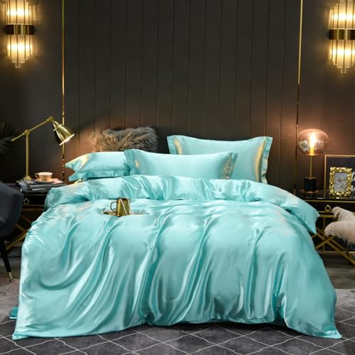 Freyamy Housse de Couette Satin 220x240 Couleur Unie Bleu Parure de lit Adulte 2 Personnes avec Fermeture Éclair Sets de Housse Couette en Satin de Soie Brillante avec 2 Taie d'oreiller 65 x 65