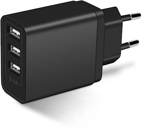 Caricatore USB Multiplo (Nero), Presa USB-A 3-Porte 15.5W, Alimentatore USB 5V 3.1A-2A-1A, Adattatore Caricabatterie Spina Trasformatore Compatibile con iPhone 14 13 12 11 XS XR X 8, Samsung Tablet