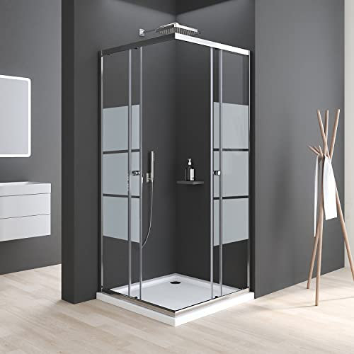 Duschkabine 90x90x185cm Eckeinstieg, Duschkabine 90x90x185cm Milchglas Schiebetür Duschabtrennung 6mm ESG Milchglas Streifen Duschtür Duschwand, LINKS & RECHTS MONTIERBAR