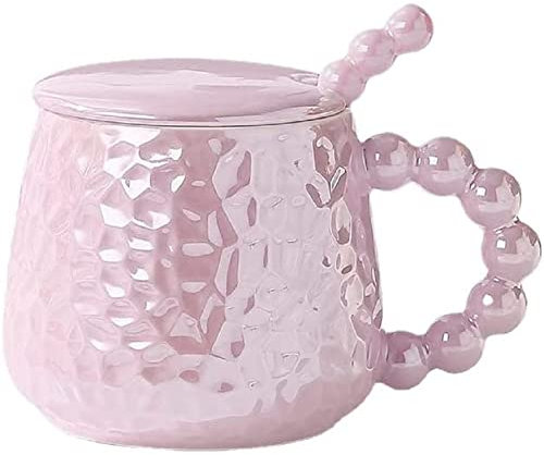 FülleMore 400ml Kaffeetasse Kaffeebecher mit Deckel und Edelstahllöffel,Süße Perlen Form Henkel Teetasse Geschenktasse für Weihnachten Valentinstag Muttertah Geburtstag (Lila)