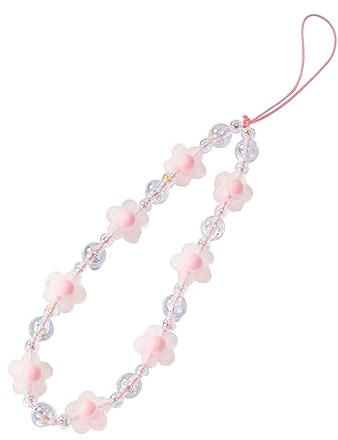 Meefisher Pink Flower Beaded Mobile Phone Charms Lanyard Aesthetic Sweet Cute Phone Wrist Strap Anti-Lost Chain for Women (Pink C)
