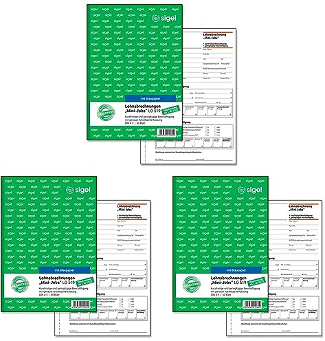 SIGEL LO519 Lohnabrechnungen für Mini-Jobs, für geringfügige/kurzfristige Beschäftigung, A5, 50 Blatt, mit Blaupapier (Packung mit 3)