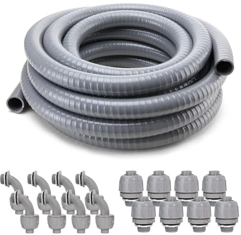 DWALE Liquid-Tight Conduit and Connector Kit,Flexible Non Metallic Liquid Tight Electrical Conduit,1/2inch 25ft Electrical Conduit Kit,with 8 Straight and 8 Angle Fittings Included,1/2 in. Dia
