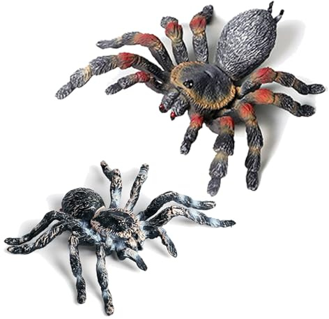 SCAHOW Realistic Fake Spiders, 2pcs Plastic Spider Toys Figures with Giant Whiteknee Tarantula, Educational Insect Animal Figures for Kids Toddlers, Halloween Decoration Prank Props