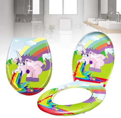 LZQ Abattant de WC avec système d'abaissement automatique - Taille universelle - En plastique rigide - Antibactérien - Couvercle de toilette en Duroplast - Cheval arc-en-ciel