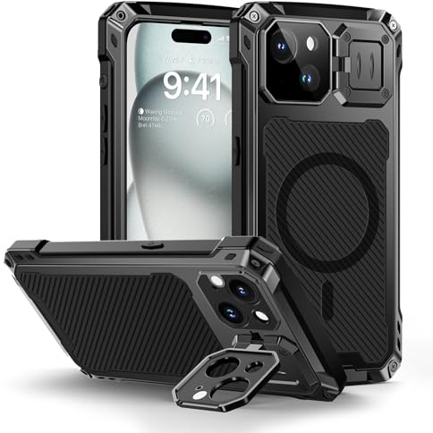 Lanhiem für iPhone 15 Hülle Magnet Kameraschutz Stoßfest Metall | Ständerfunktion, Outdoor Ganzkörper Robust Militärstandard Heavy Duty, mit Eingebautem Displayschutz, Schwarz