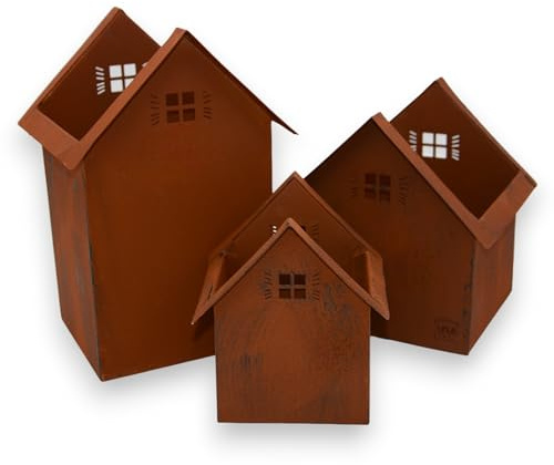 UNUS Deko Häuser 3er Set, Lichthäuser aus Metall in Rostbraun, Herbstdeko Outdoor, Weihnachtsdorf mit Gravur für Garten, Terrasse oder Balkon