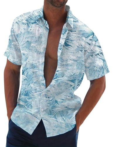 KONG JIMFAN Hawaii Hemd Männer Herren Leinenhemd Traditioneller Retro-Stil Schnürung Kurzarm Shirt Hawaiihemd, Kurzarm, Bierflaschen, Orange, L Leinenhemd Herren(Hellblau,6XL)