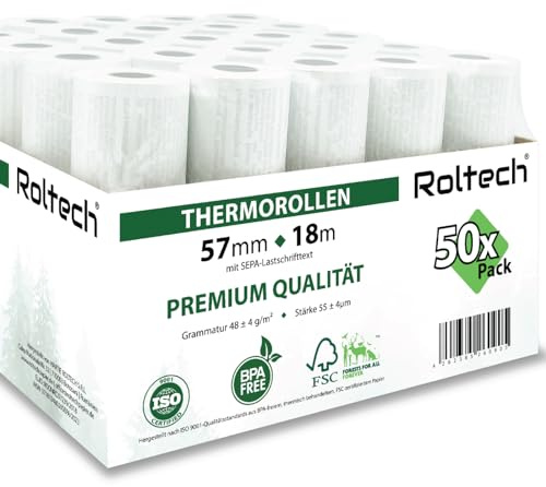 ROLTECH | 50 Thermorollen | 57mm x 18m x 12mm | mit SEPA-Lastschrifttext | für Ingenico, Verifone, CCV | EC Cash | Thermopapier | Bonrollen | Premium Qualität