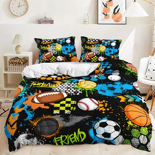 AILONEN Sport Duvet Cover Set Twin Size,Sports Theme Bedding Set for Kids Boys,3 Pieces Ball Comforter Cover Set Basketball Football Baseball Rugby,Printing Ball Duvet Cover and 2 Pillowcases