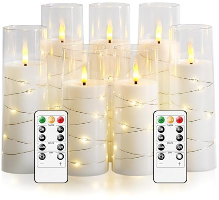 Flameless Candles,with Embedded Star String, Battery Operated Candles Flickering LED Pillar Candles with Remote Control and Timer, Home Decoration Add a Warm and Romantic Atmosphere，Set of 7 (White)