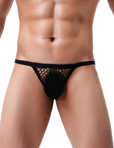 ohmydear String Uomo Sexy Perizoma Intimo Hot Tanga Uomo Pizzo a Rete Slip Traspirante Erotico Mutande Slip Morbidi G-String a Vita Bassa T-Back Bikini Fishnet
