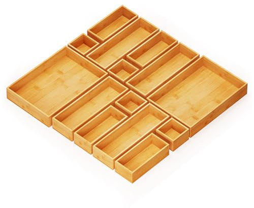 SpaceAid 14-Piece Bamboo Drawer Organizer Storage Boxes Set, Wood Tray Junk Drawer Organizers Multi-Use Divider Bins for Kitchen, Bathroom, Office Desk and Makeup Organization (14 Pack, Natural)