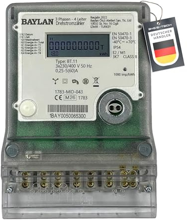 B+G E-Tech [BT.11 - MID 26] Drehstromzähler für Zählerplatzmontage - MID zertifiziert, Direktmessung bis 60A, Einzeltarifzähler mit interner Uhr, IR & RS485 Schnittstelle