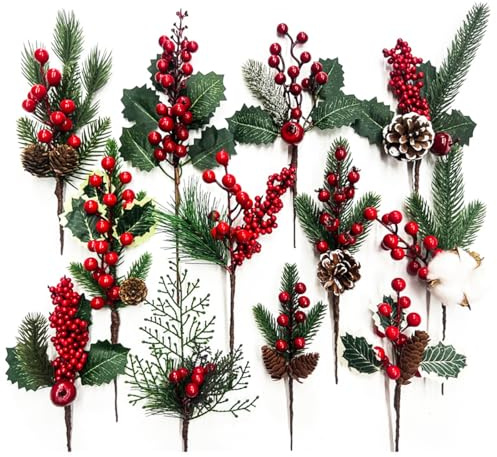 ZOOMPIL Weihnachten Künstliche Tannenzweige, 12 Stück Kleine künstliche Tannenzweige, mit Beeren und Tannenzapfen, künstliche Beeren Tannenzapfen Deko Weihnachtsblumen Arrangement Adventkranz