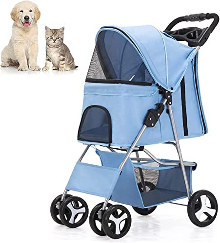 Windmilne Poussette pour Animaux de Compagnie, Poussette à 4 Roues pour Chat et Chien avec Panier de Rangement, Chariot de Transport Pliable et léger pour Chien (Bleu)