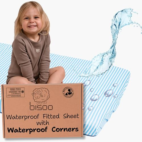 Bisoo Il Lenzuolo Magico - Lenzuola Letto Montessori Bambini 80x160 con Angoli e Completamente Impermeabile 2in1: Lenzuolo in Cotone Jersey + Coprimaterasso - Traspirante e Oeko-Tex (160x80 Righe Blu)
