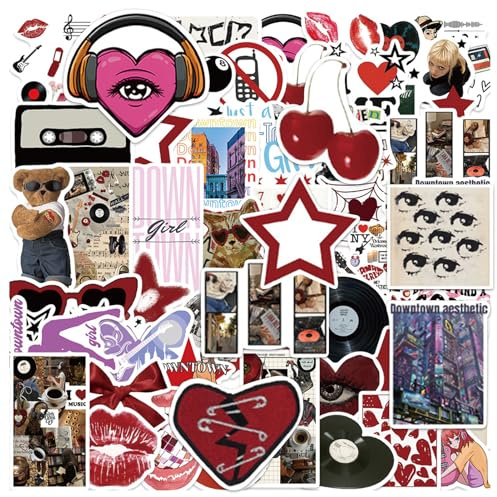 Downtown Y2K Girls Stickers, 50 Pcs Waterproof Cute Funny Decals Personalised Vinyl Aesthetic Stickers for Laptop Skateboard Scrapbook Computer Water Bottle Luggage Helmet Bike Car Teen Room Decor