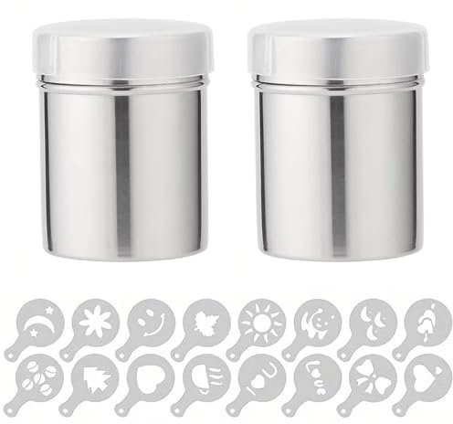 Jimkply Lot de 2 saupoudreurs de cacao en acier inoxydable pour cappuccino, cacao avec 16 pochoirs, poudre de cappuccino pour rôtir à la maison, cafés, restaurants