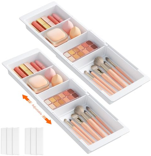 Lifewit 2 Pack Sliding Makeup Drawer Organiser Trays with Inserts, Expandable Hanging Desk Drawer Divider, 14-22 Long/1.8 High Plastic Organiser Tray in Vanity/Bathroom/Office/Kitchen, White