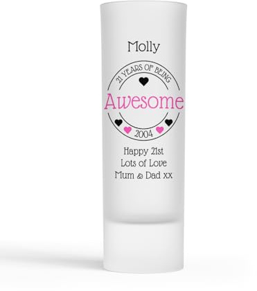 Personalised 21st Birthday Shot Glass 21 Years of Being Awesome Pink Hearts 2005 Design 21st Birthday Gift for Girls Her