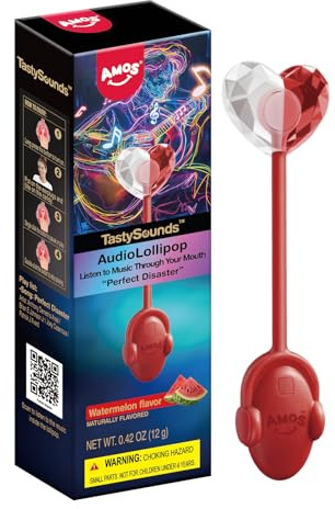 AMOS TastySounds Paleta de Caramelo Musical Sabor Fresa de Corazón | Tecnología de conducción ósea única. Regalo interactivo ideal para cumpleaños, fiestas y Navidad. Incluye tapones para oídos.