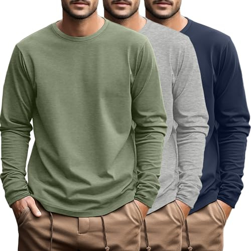 Ficerd 3 Pack Mens Big and Tall Cotton Knit Long Sleeve Shirts | Crew Neck Oversized Tees, Loose Fit Plus Size Undershirts, Soft Basic Casual Clothes for Comfortable Daily and Lounge Wear