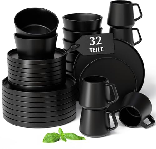 MIAMIO - Juego de vajilla para 8 / Juego de 32 piezas de gres moderno/Vajilla – Apta para lavavajillas y microondas – Colección Luxe (Negro, 32x)