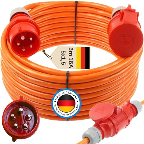 Starkstromkabel 16A H07BQ-F 5x1,5 Orange Starkstrom Verlängerungskabel CEE Verlängerung 16 Ampere Kabel 5x1,5mm2 Baustelle Werkstatt Industrie Geeignet Outdoor IP44 (5m)